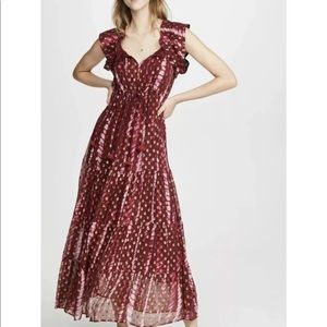 FIGUE Gianna Berry Tie Dye and Metallic Chiffon Flutter Sleeve Maxi Dress M